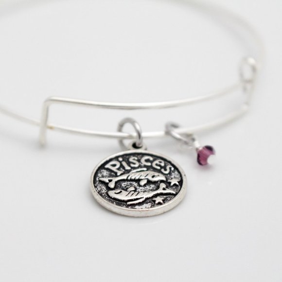 February Pisces Adjustable Charm Bangle - Handmade Zodiac Bracelet - Picture 8 of 11